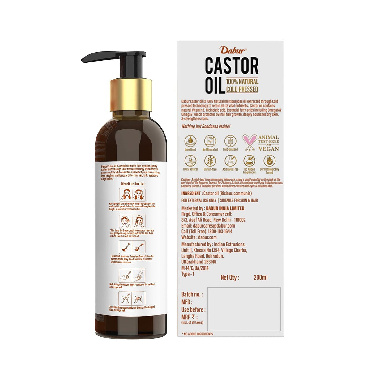 Dabur Castor Oil - 200ml | 100% Natural Cold Pressed Oil | Promotes Hair Growth, Hydrates Skin & Reduces Wrinkles | No Mineral Oil & Silicones (Pack of 2)