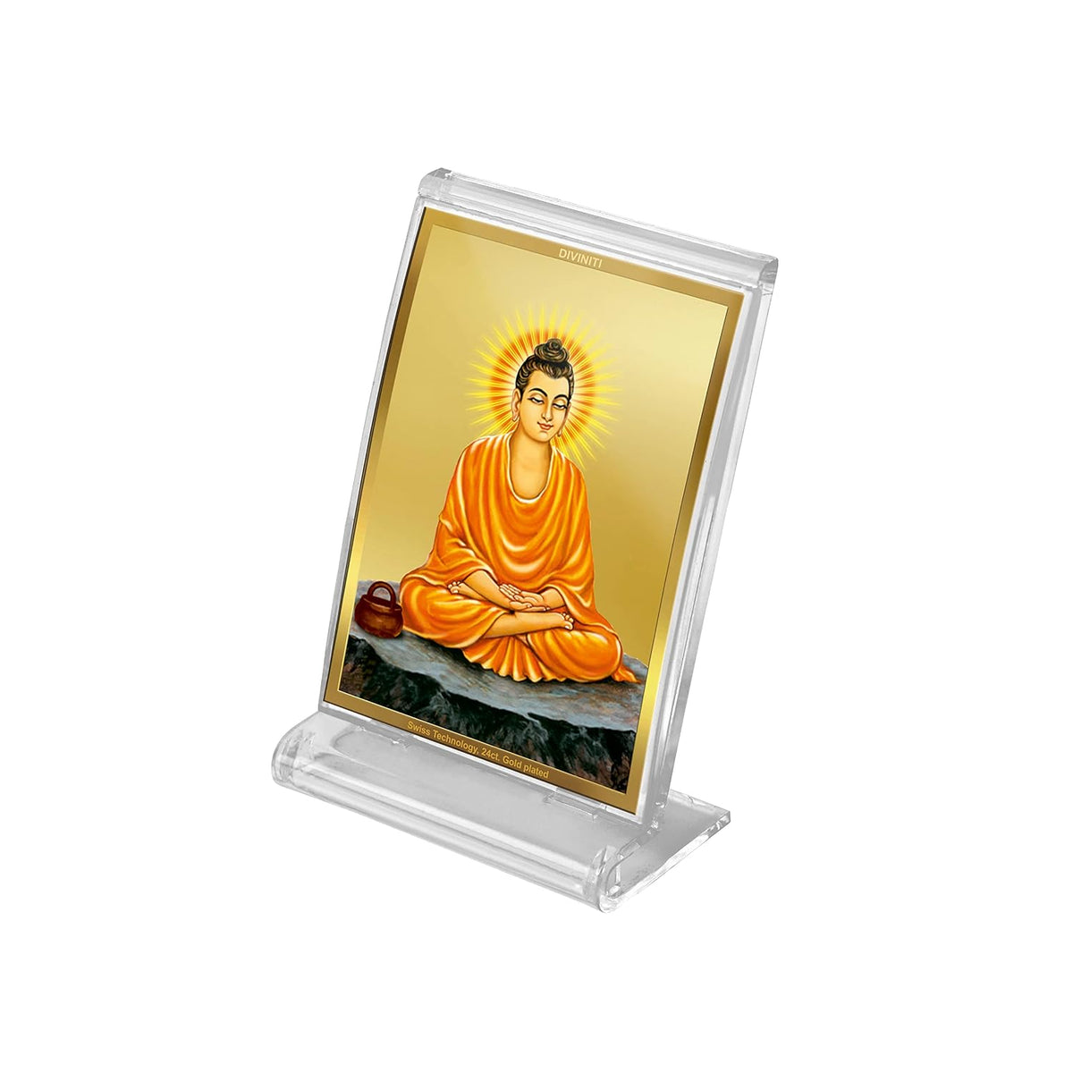 DIVINITI 24K Gold Plated Acrylic Lord Gautam Buddha Spiritual Dashboard Frame | Premium Devotional Gifting Item for Harmony, Peace & Blessings | Luxury Decor for Car, Office & Home | 11 X 7 CM