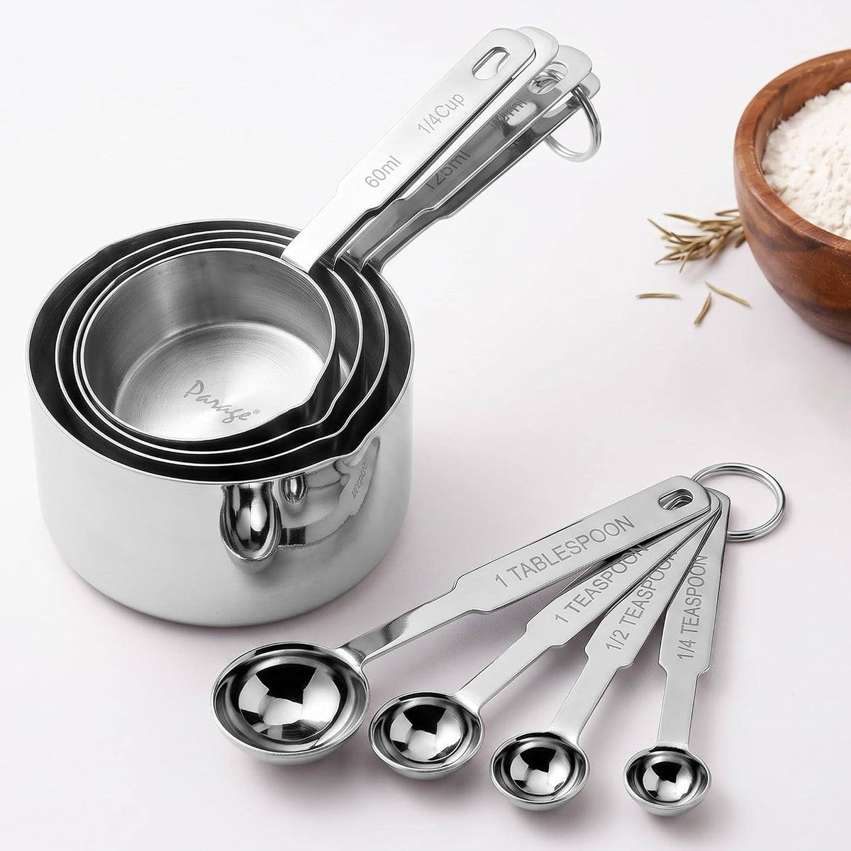 Parage Stainless Steel Measuring Cups & Spoon Combo for Dry or Liquid/Kitchen Gadgets/Cooking & Baking/Stackable Professional Measuring Cup Set with Measurement Handles (Set of 4 Cups & 4 Spoons)