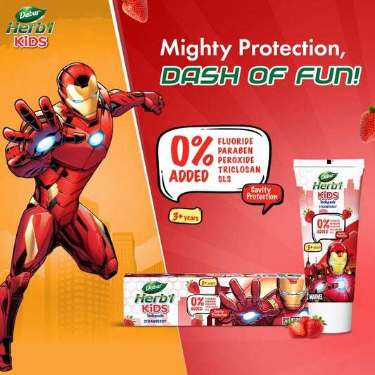 Dabur Herb’l Kids Iron Man Toothpaste - 160g (80g x 2) | Strawberry Flavour | 3+ Years | No Added Chemicals | Cavity Protection | Fights Germs | Strong Teeth & Healthy Gums | SLS & Fluoride Free