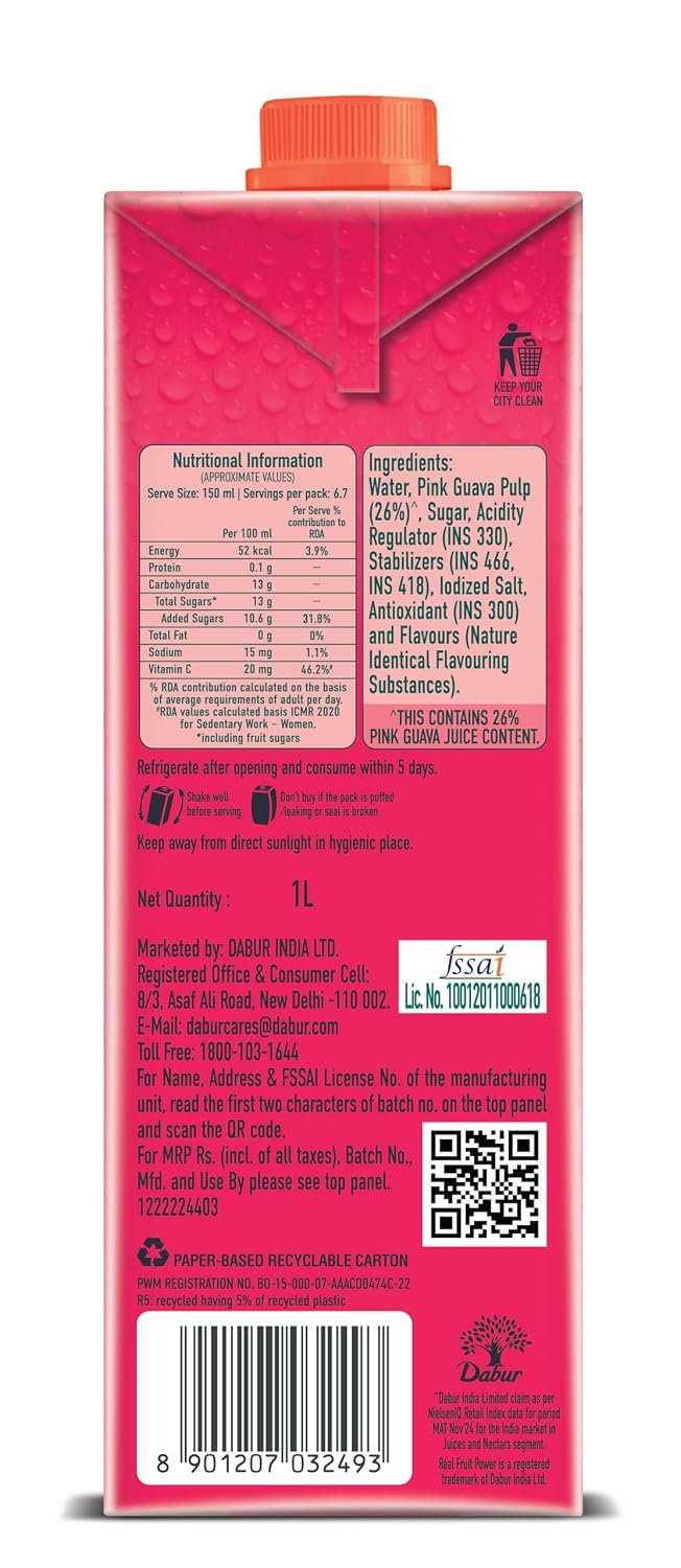 DABUR Real Pink Guava With No Added Preservatives And Artifical Colours -1 L