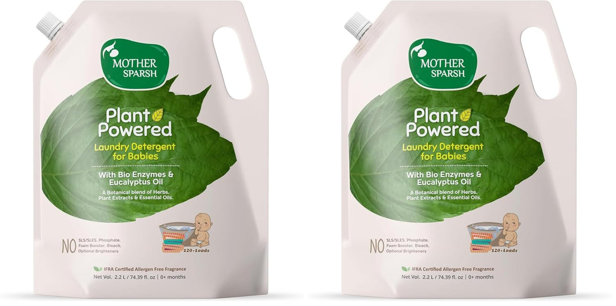 Mother Sparsh Plant Powered Baby Laundry Liquid Detergent (2.2 litres) with Bio - Enzymes and Eucalyptus Oil | Natural Baby Detergent Without Dyes & Optical Brighteners (Pack of 2)