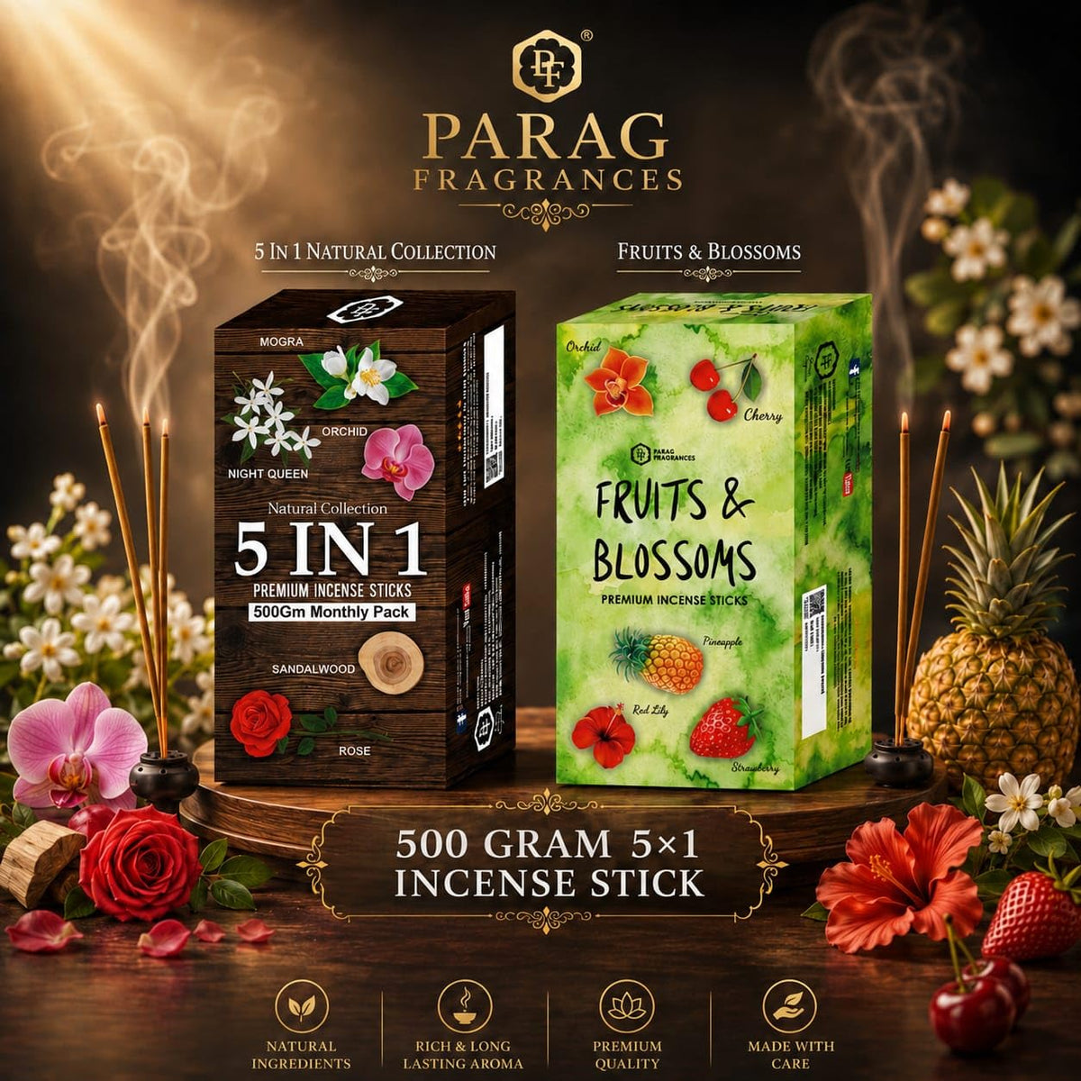 Parag Fragrances Fruits & Blossom Incense Sticks / फ्रूट् और ब्लॉसम अगरबत्ती / 5 in 1 (Pack of 5 x 60) Total 300 Agarbatti Wholesale Pack of Orchid, Lily, Strawberry, Pineapple and Cherry