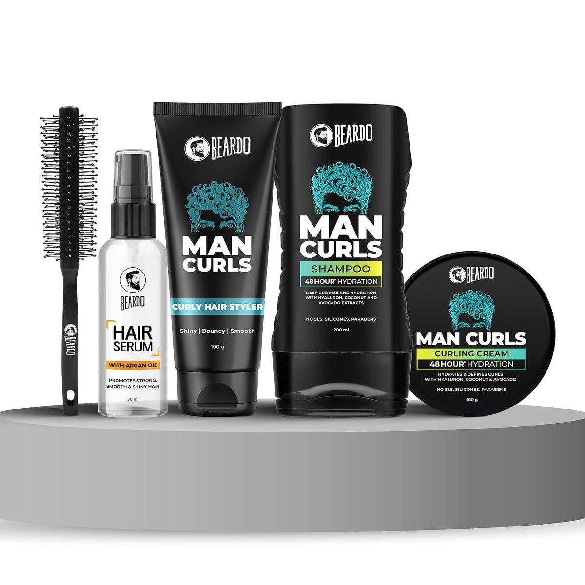 Beardo Man Curls Ultimate 5-Step Grooming Kit for Men: Shampoo (200ml), Curling Cream (100g), Hair Styler (100g), Hair Serum (50ml) & Roller Brush – For Defined, Frizz-Free Curls & Professional Shine (Set of 5)