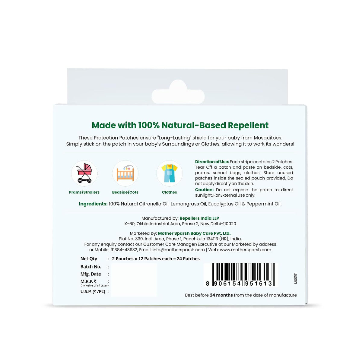 Mother Sparsh 100% All Natural Mosquito Repellent Patches for Babies with 12hr. Protection | With Citronella, Lemongrass & Eucalyptus Oil Protects from Dengue, Malaria, Chikunguniya (24 Patches)