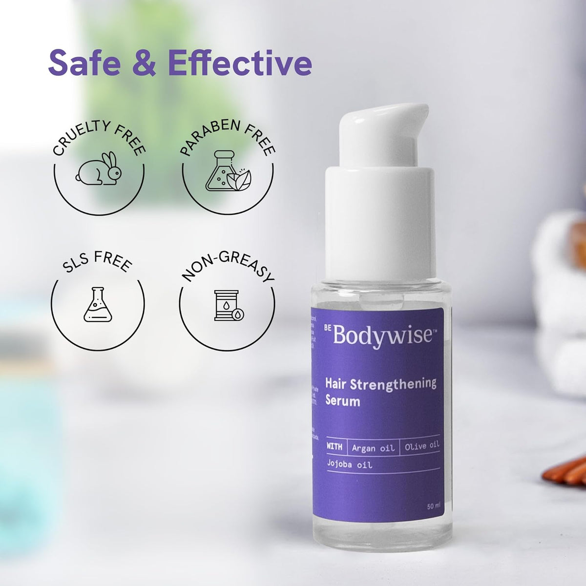 Be Bodywise Hair Strengthening Serum 50ml | For Dry & Damaged Hair | With Argan, Sunflower & Olive Oil | Paraben, SLS Free