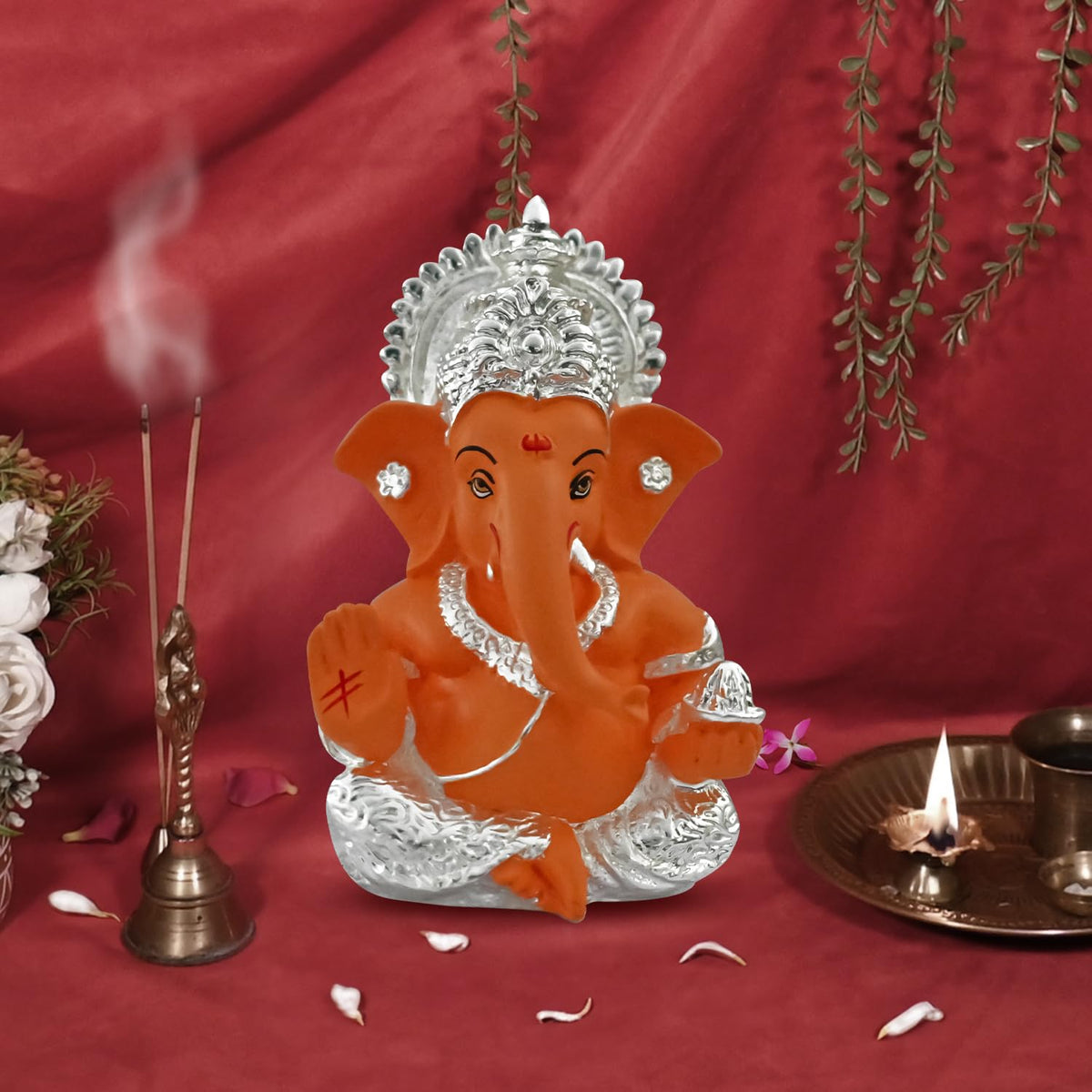 DIVINITI 999 Silver Plated Ganesh Idol for Office Desk Puja Room God Ganesha Idol for Home Decor Ganpati for Gift Office Table Shelves Gifting Idol (8.89 x 5.08 cm) (Mango Yellow), Religious
