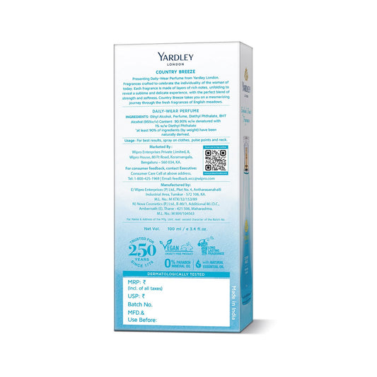 Yardley London Country Breeze Perfume Spray Floral Fruity Scent| 90% Naturally Derived| Verbena & Tulips Perfume For Women| 100Ml