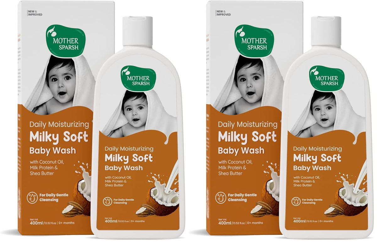 Mother Sparsh Milky Soft Baby Body Wash - 400ml | With Milk Protein & Coconut Oil | pH Balanced Natural Baby Wash | Tear Free Formula for Baby Bath (Pack of 2)