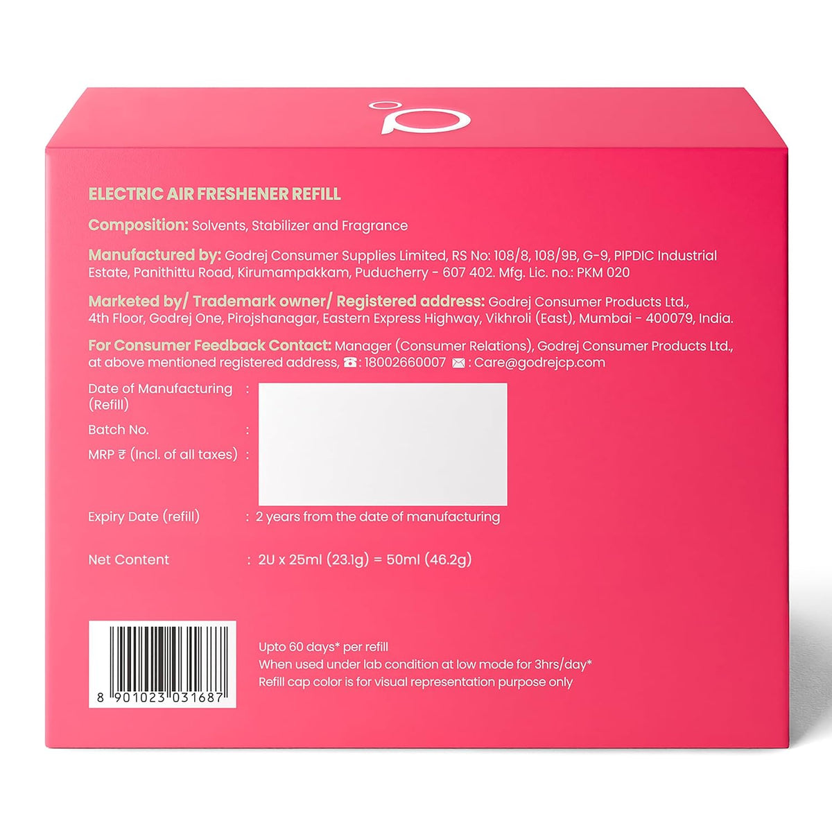 Godrej aer Plug Electric Air Freshener 2 Refills (20ml each) | Rose Blossom | Lasts up to 120 days