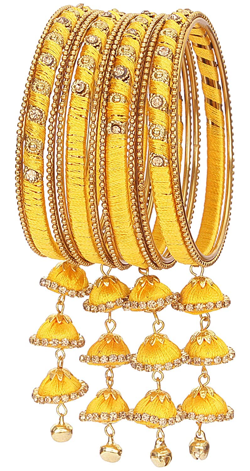 NMII Metal & Silk Thread Jhumka Zircon Latkan Stylish Bangles Set For Women's and Girls | Women's Fancy Latkan Bangles Set | Ethnic Fashion Jewellery- Set of 12 Bangle, (G405_Yellow-2.8(2.8))