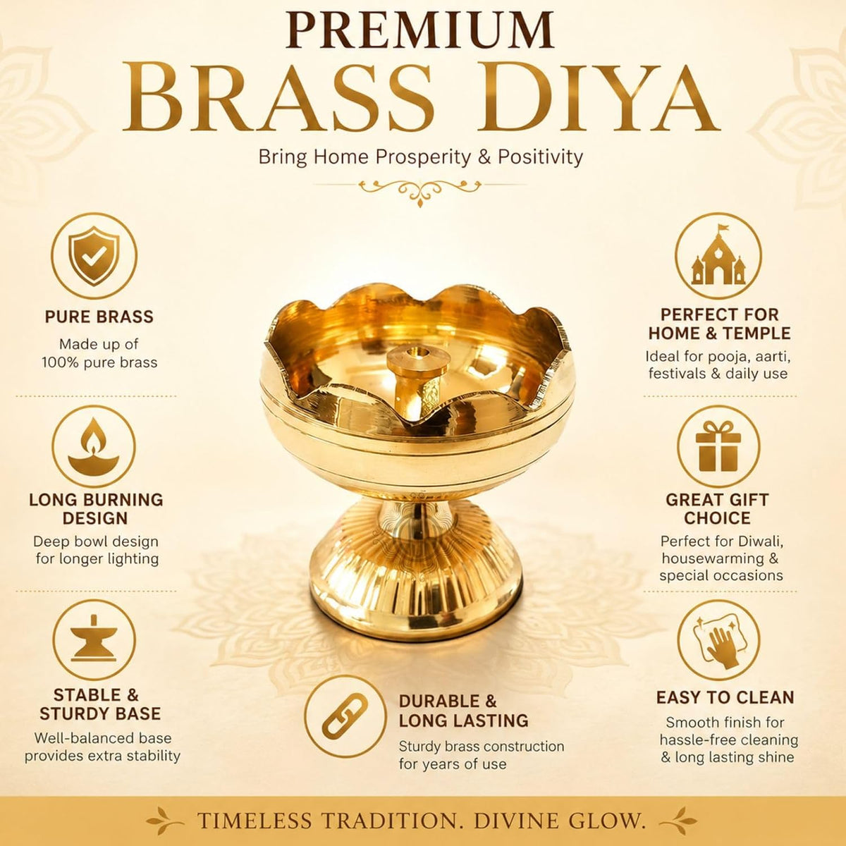 DSH Brass Diya Pure Brass Traditional Oil Puja Lamp for Temple, Mandir, Festival Decoration, Home Decor & Diwali Gift (Flower Bloom, Set of 8)