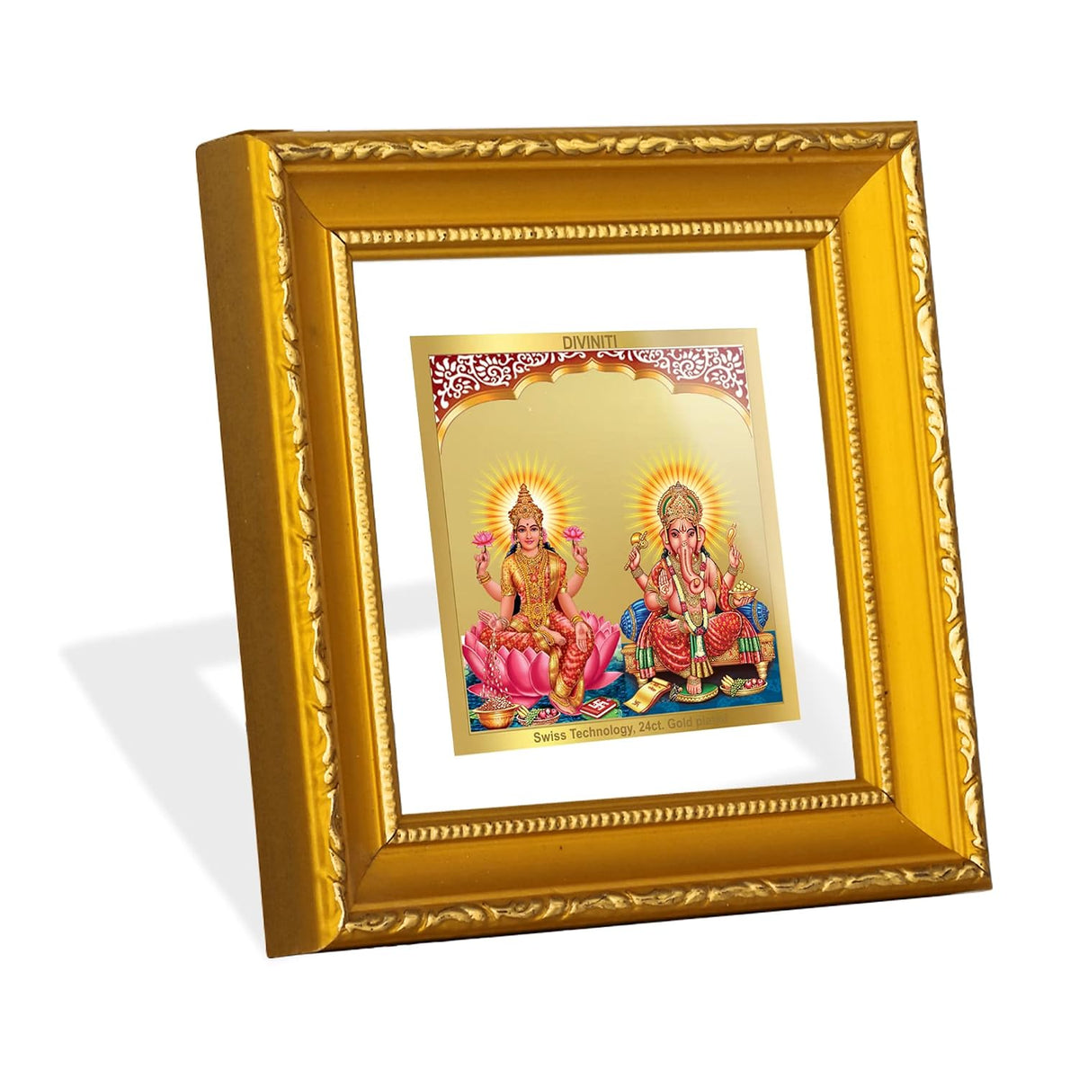 DIVINITI Lakshmi & Ganesha Gold Plated Wall Photo Frame, Table Décor| DG Frame 101 Size 1A and 24K Gold Plated Foil| Religious Photo Frame Idol For Pooja, Gifts Items (10 CM X 10 CM)