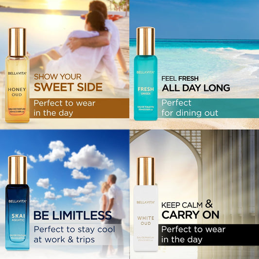 Bella Vita Luxury Long Lasting Unisex Perfume Gift Set|4x20ml (Pack of 2)|Perfume for Man & Woman|Woody, Aquatic, Sweet, Premium Fragrance Scent|SKAI, FRESH, WHITEOUD, HONEY OUD|Unisex Gifts