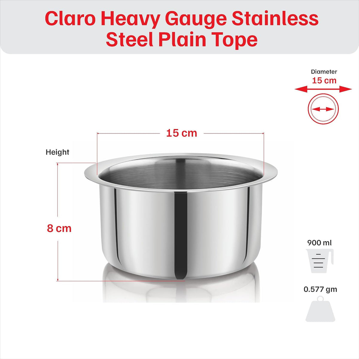 Vinod Brand Claro Heavy Gauge Stainless Steel Plain Tope, 1.5 MMCapacity 900 Ml