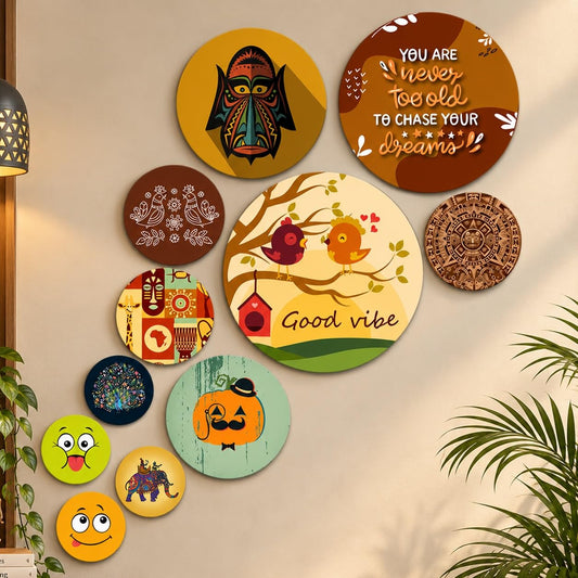 Artvibes Nature Round Shape MDF Wooden Wall Decor Items | Graphic Artwork | Door Decoration Items | Paintings For Wall | Aesthetic Wooden Decor | Handcrafted Art | Unique Gift (WPS_106N), Set of 11