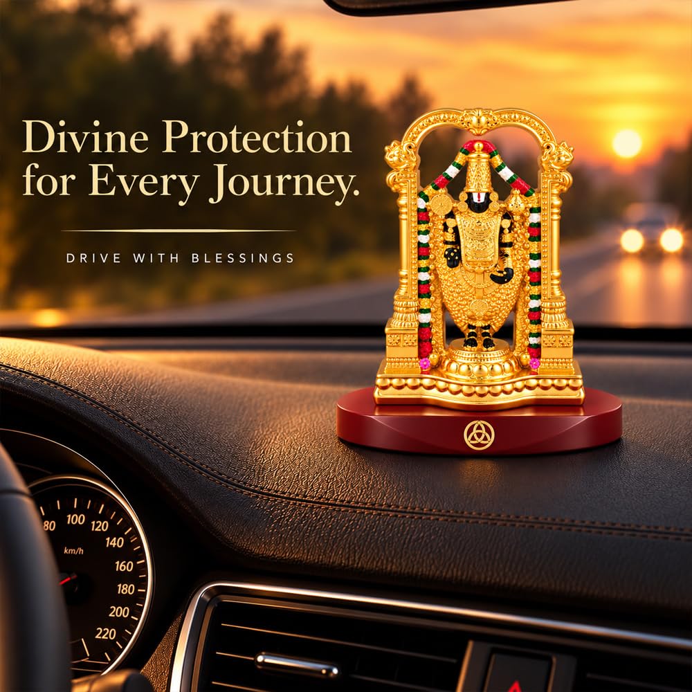DIVINITI 24K Gold-Plated Tirupati Balaji Idol | Lord Venkateswara Swamy Showpiece with Intricate Temple Design, Decorative Base & Premium Gift Box | Home, Mandir, Office & Gifting | 9 x 6 cm