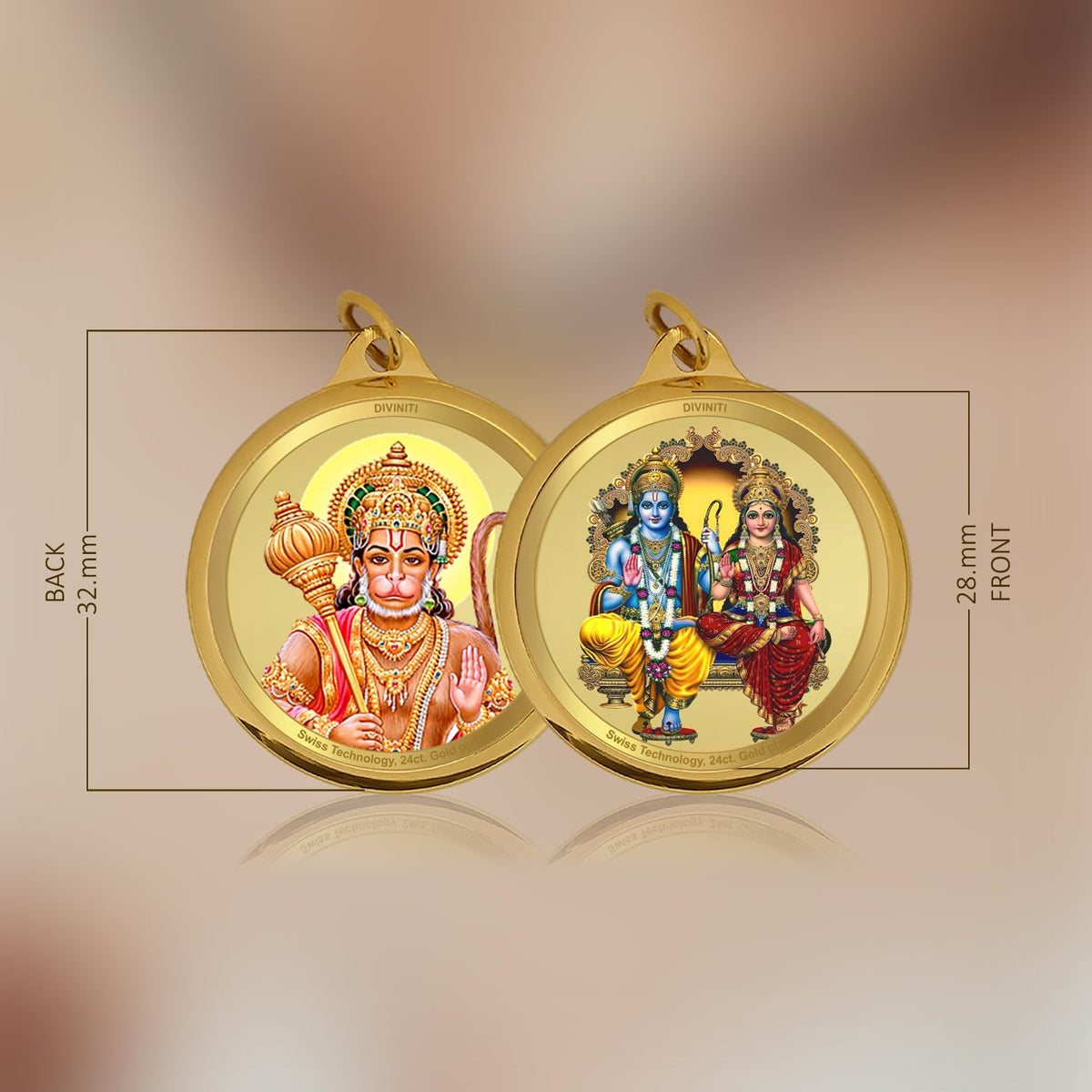 Diviniti 24K Gold Plated Ram Sita & Hanuman Ji Pendant For Men, Women & Kids 28 MM Double Sided Stylish Pendant Necklace For Girls Divine God Pendant For Birthday Gift, Anniversary Gift