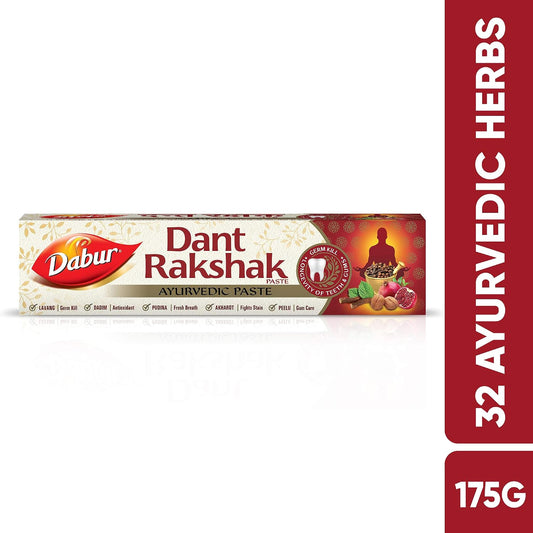 Dabur Dant Rakshak Ayurvedic Toothpaste - 175g | With Goodness Of 32 Ayurvedic Herbs | Prevents & Calms Gum Pain | Kills Germs | Complete Family Toothpaste | No Added Flourides & Parabens