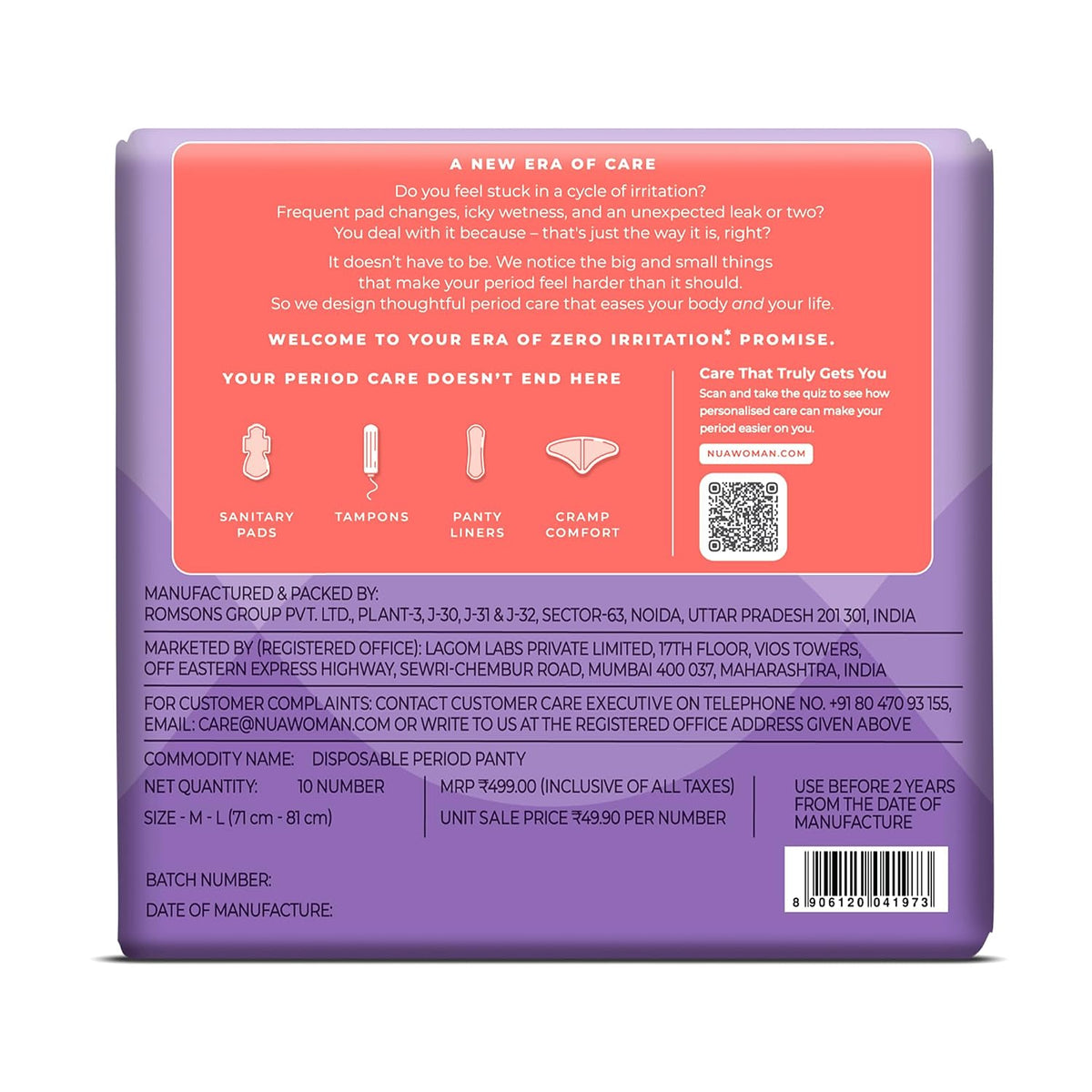 Nua Comfort Disposable Period Panties (M-L) | Pack of 10 Panties | Disposable | 360° Coverage | Zero Irritation | 4x Comfort | For Heavy Flow | No rashes | Leakproof | Seamless | 100% Toxic-Free, Dermatologically Tested