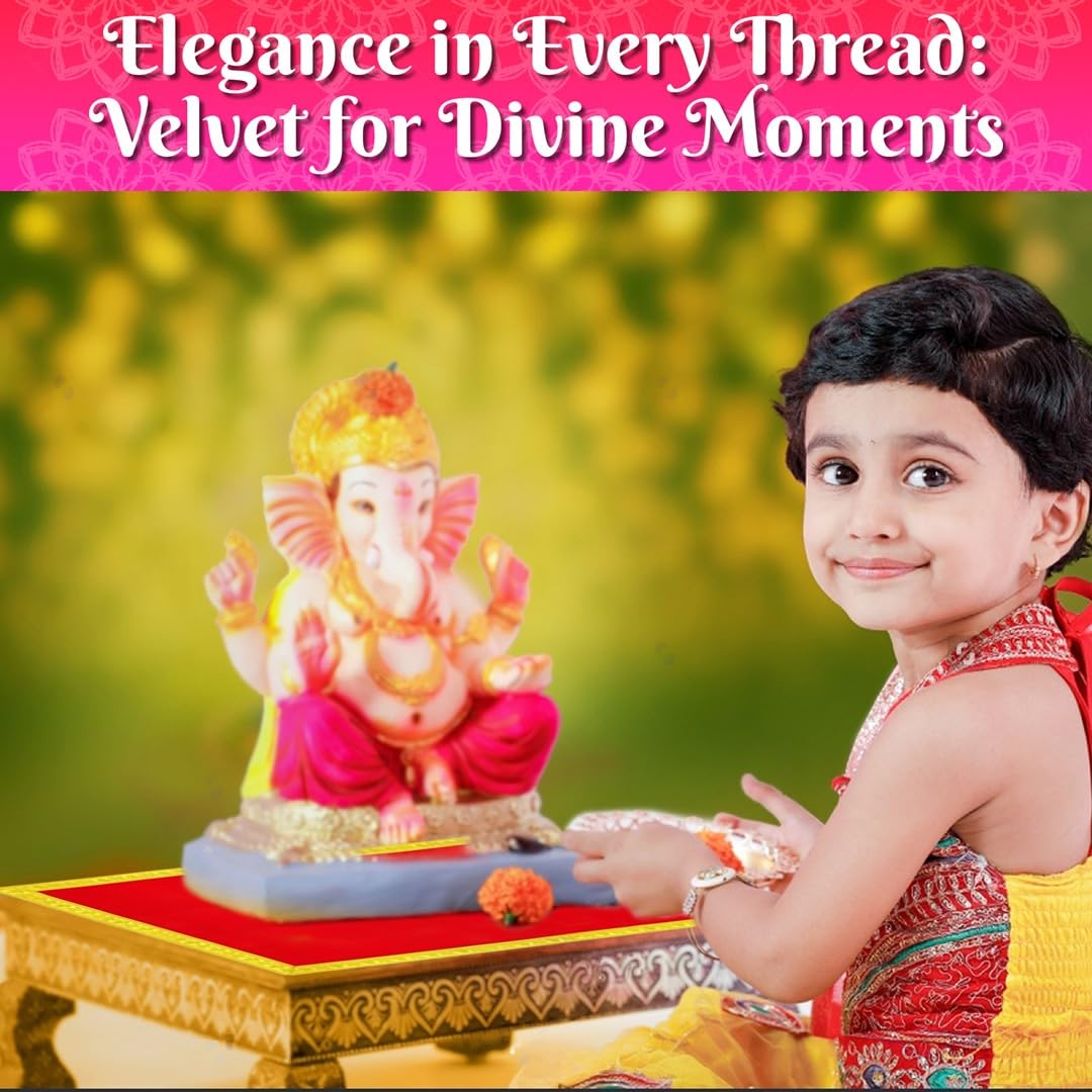 Bhakti Lehar Red Velvet Pooja Cloth | Aasan for God Idol Sitting, Mandir Shelf, Puja Chowki Table and Home Temple Decoration - (15 x 30 Inch)