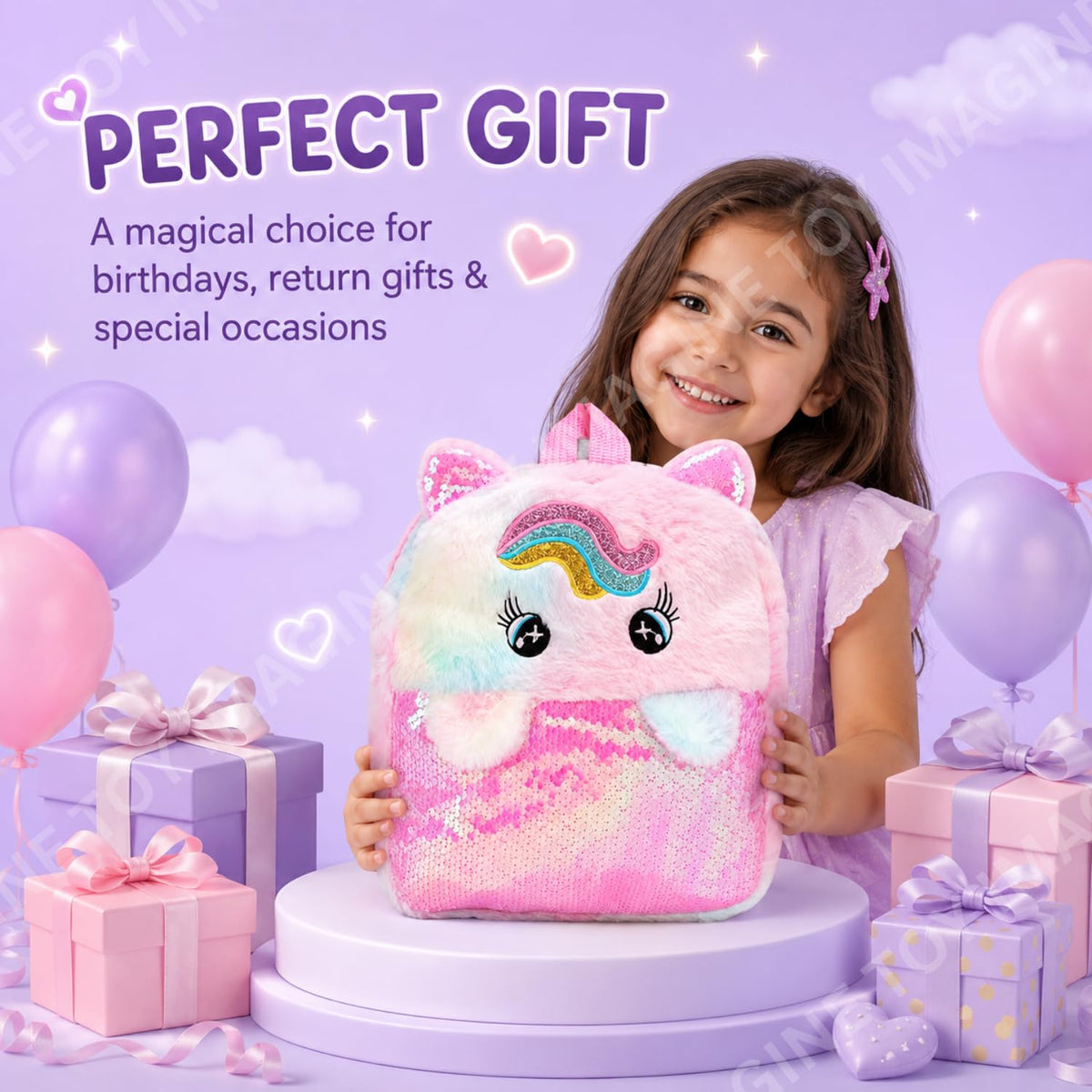 Toy Imagine Unicorn Plush Sequin Backpack for Girls, Ages 1-8 Years
