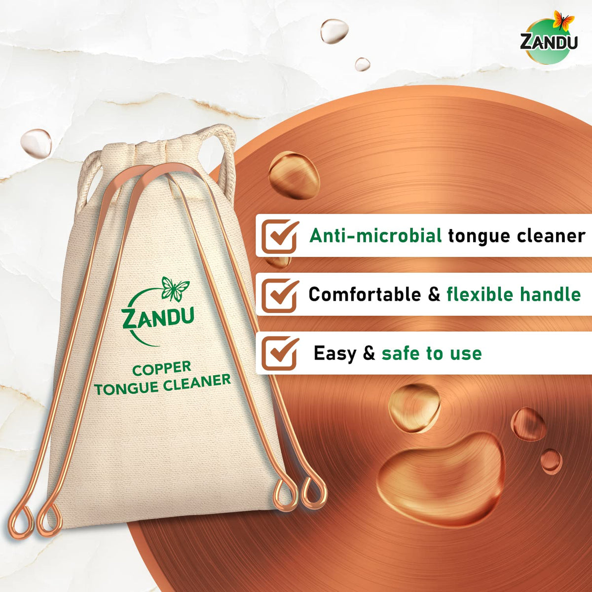 Zandu Copper Tongue Cleaner (Pack of 2) :An Anti-Microbial Tongue Cleaner for Managing Oral Health | Reduces Bad Breath & Supports Digestive Health | Comfortable & Flexible Handle | Easy & Safe to Use