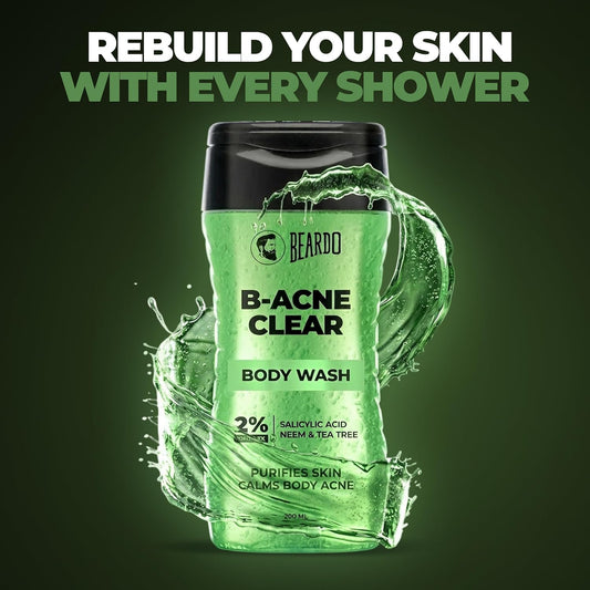 Beardo Body Acne Clear Body Wash for Men 200 ml | With Neem, Tea Tree and Salicylic Acid | Clean Clear Skin | For Body Acne and Skin Purification | B-acne