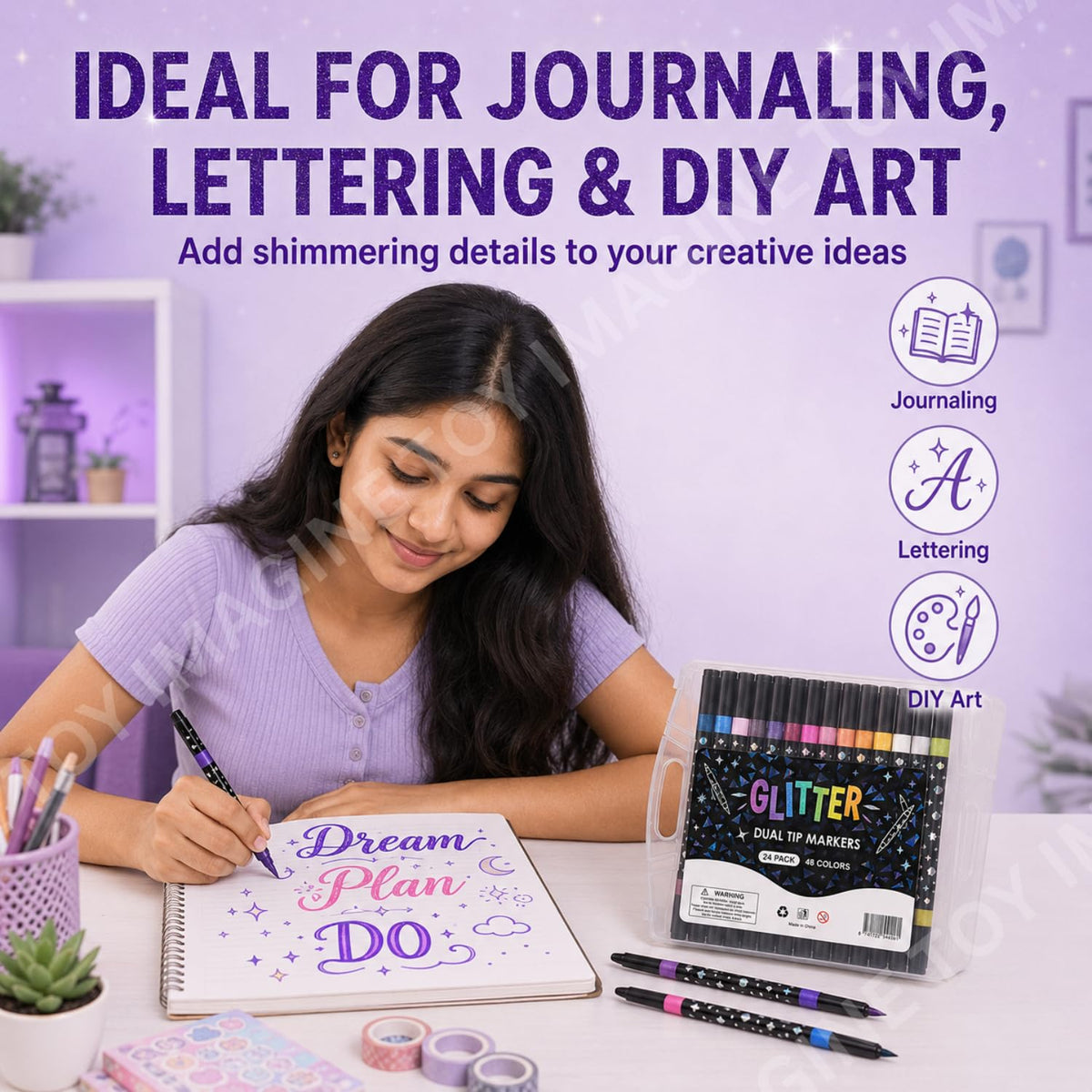 Toy Imagine 48-Colour Glitter Marker Pens, Dual-Tip Brush & Fine Tip