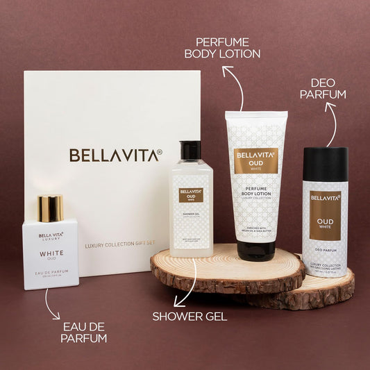 Bella Vita Luxury OUD WHITE Gift Set with Shower Gel 250 Ml for Deep Cleansing, EDP Perfume 100 Ml, No Gas Deo Body Parfum 150 Ml & Perfume Body Lotion 200 Ml
