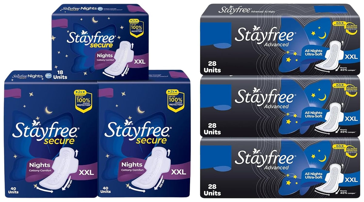 Stayfree Secure Night Sanitary Napkins For Women (98 Pads), & Advanced Xxl|Combo Packs 84 Pads|All Night Ultra Comfort Sanitary Pads Women