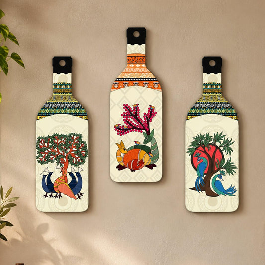 Artvibes Animals and Birds Madhubani Art Bottle shaped Wooden Wall Hanging | Living Room | Handcrafted Art | Wall Illustrations | Art Prints | Aesthetic Wall Art | Ideal Gifts (WH_9524N), Set of 3