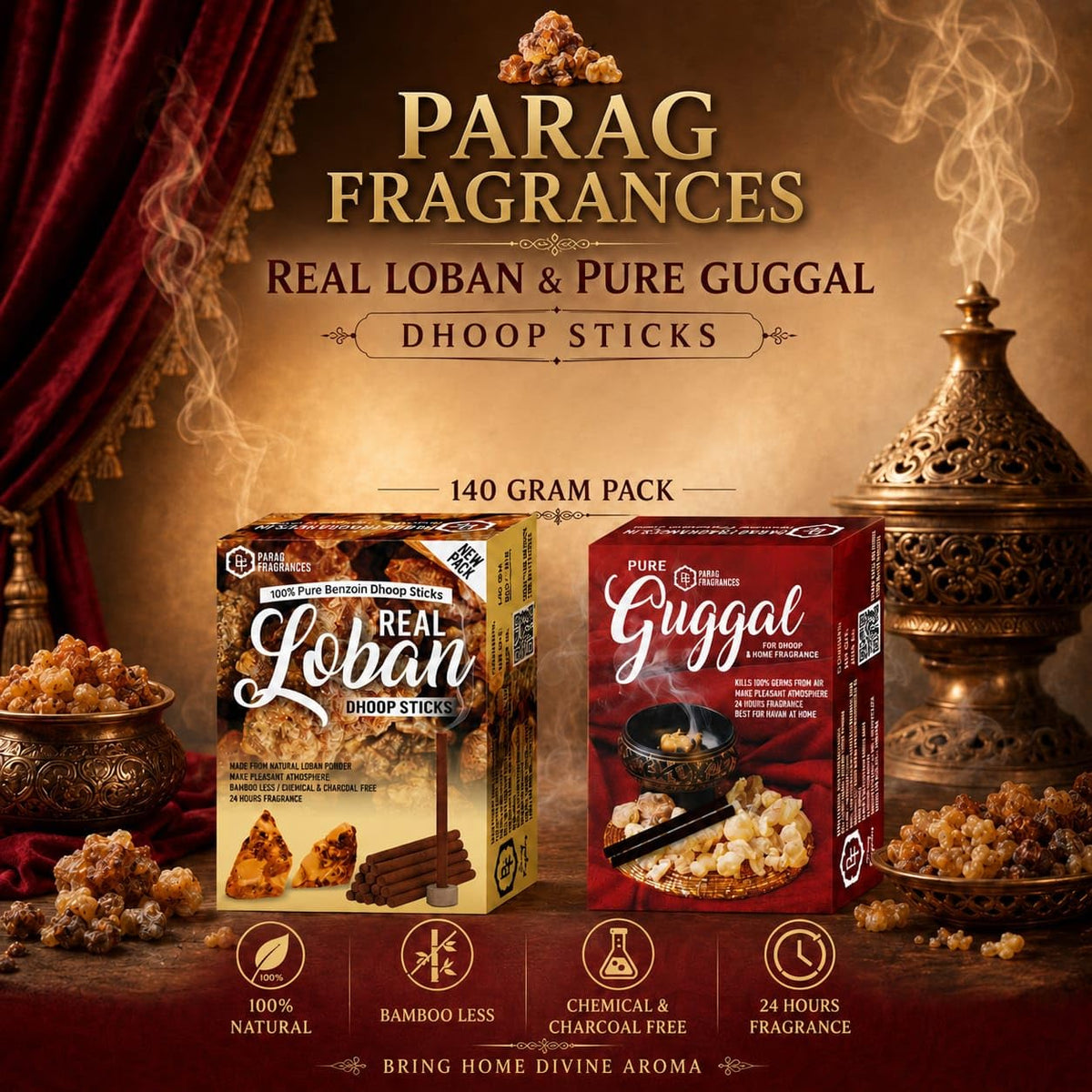 Parag Fragrances 100% Natural Resin Dhoop Sticks for Pooja, Home Fragrance, Hawan, Air Purification and Meditation (Combo - Real Loban & Pure Guggal)