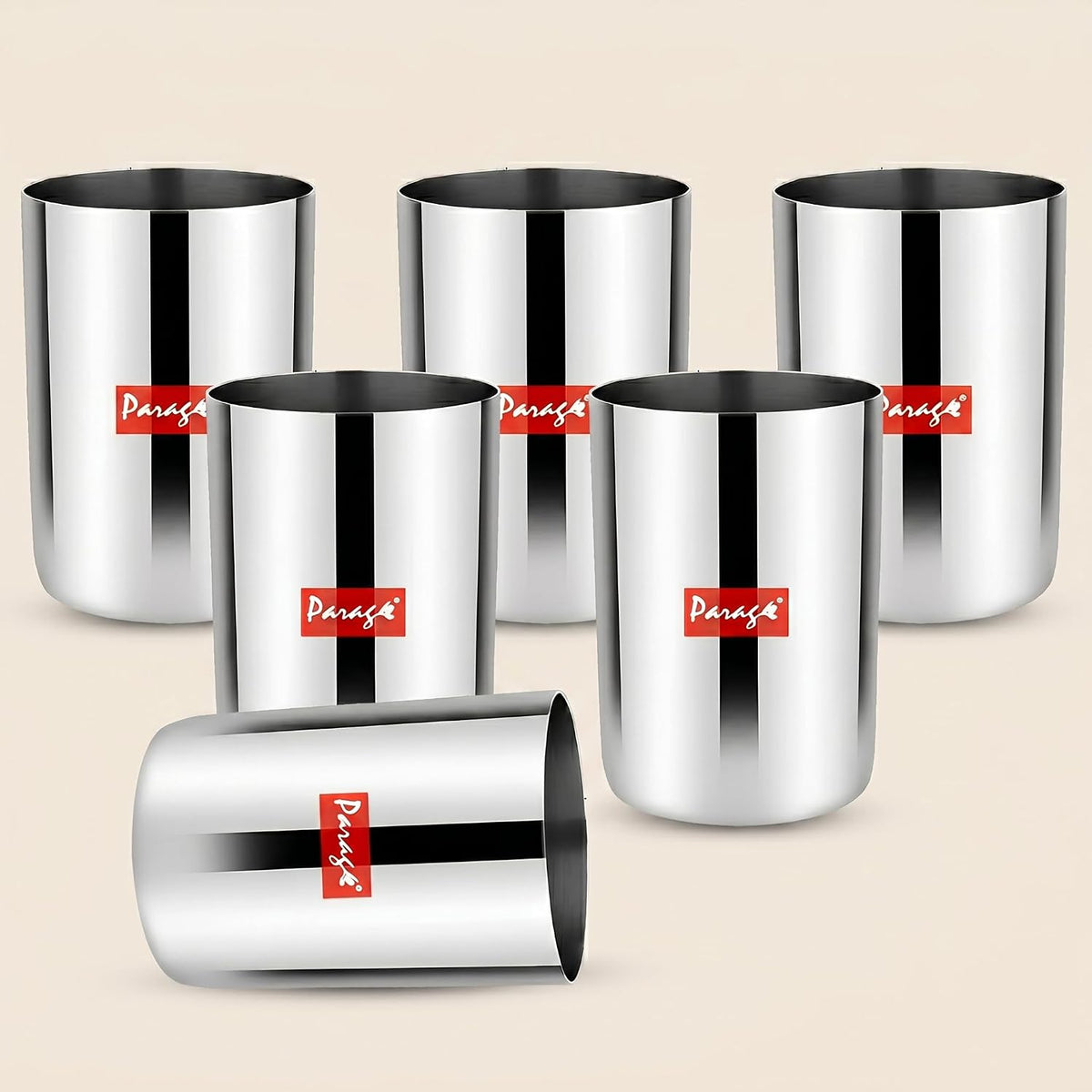 Parage 6 Pieces Stainless Steel Heavy Gauge Glass Set/Scratch Resistant, Serving Glass/ 300ml Glass for Water & Juice (Silver, Dia 6.5 cm, Hight 10 cm)