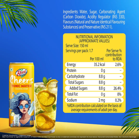 Dabur Real Cheers Tonic Water - 250ml | Premium Cocktail Mixer | Crisp, Refreshing and balanced taste | Perfect for Home Bars, Parties & Gifting | Best mixer for Cocktails & Mocktails