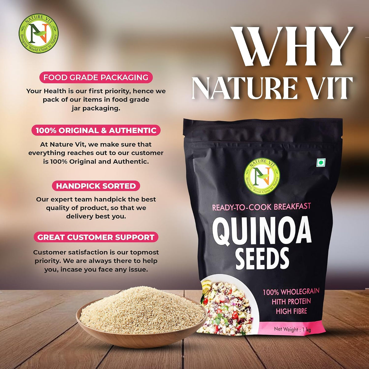 NatureVit Quinoa Seeds, 1 kg | Kinowa | Healthy Food | Gluten Free Products | Quinoa Seeds With High Protein | Diet Food