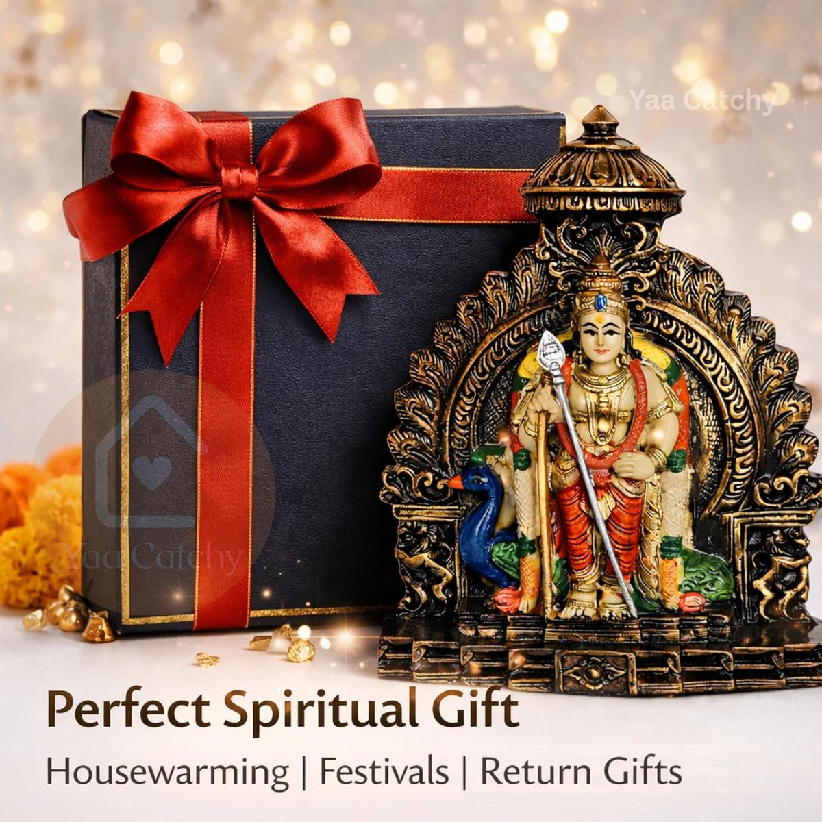 YaaNatural Yaa Catchy Lord Murugan Idol with Peacock & Vel Design Polyresin Statue hand painted Pooja Room, Home Décor & Office Table Spiritual Showpiece | Housewarming & Festival Gift (Arch Colour Murugan)
