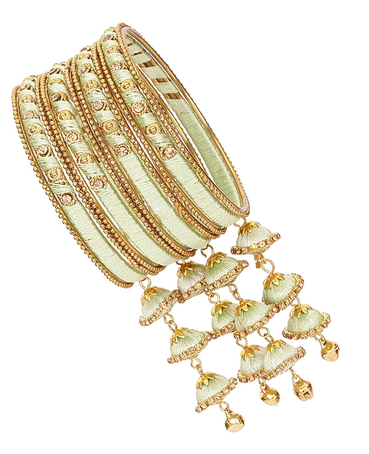 NMII Metal & Silk Thread Jhumka Zircon Latkan Stylish Bangles Set For Women's and Girls | Women's Fancy Latkan Bangles Set | Ethnic Fashion Jewellery- Set of 12 Bangle, (G405_Pista-2.8(2.8))