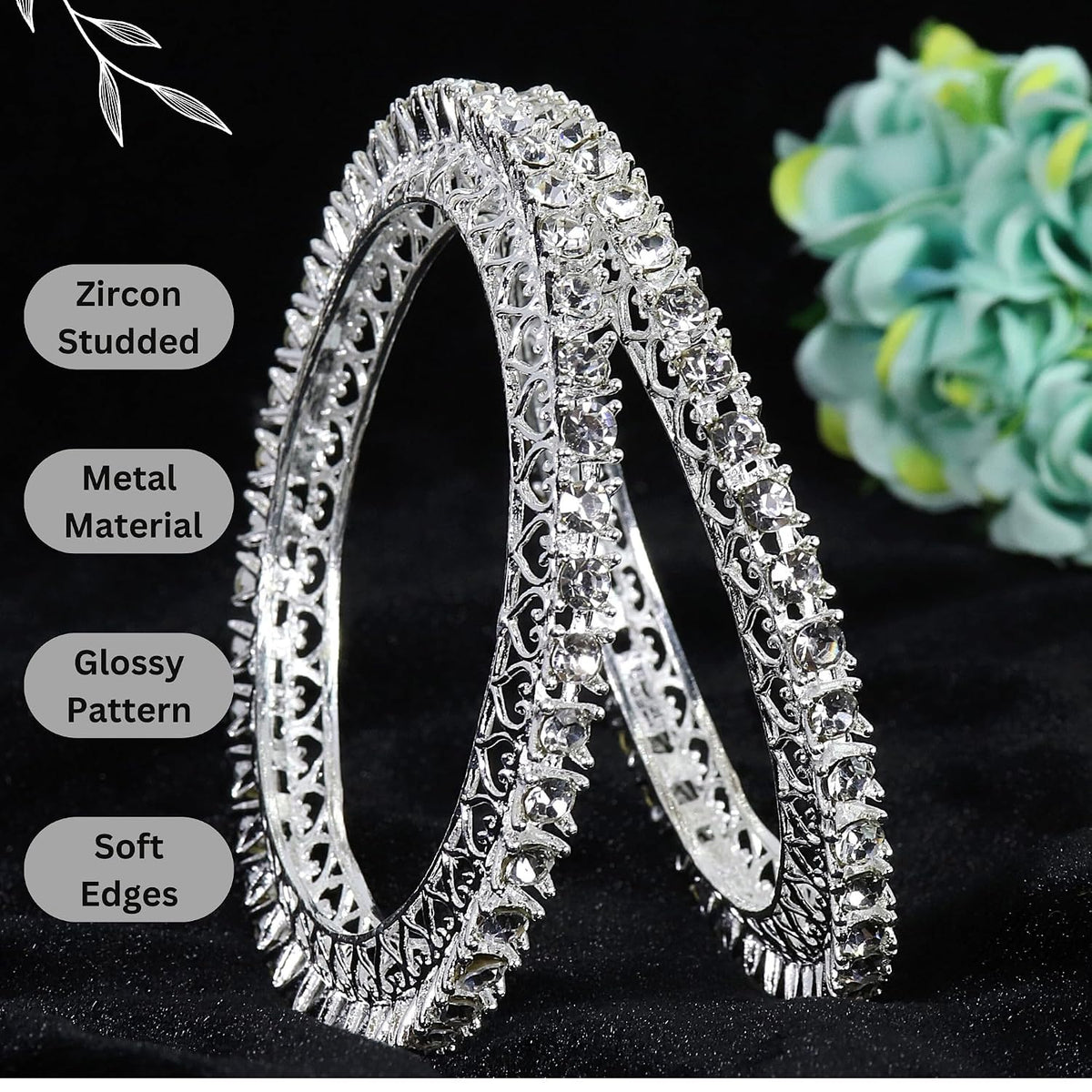 NMII Designer Metal Zircon Diamond Stone Bangles Kada Set For Girls & Women | Latest Women's Bangles | Trendy Kada For Women | Metal Bangles | Bangles For Wedding, Party, Festive- Set of 2