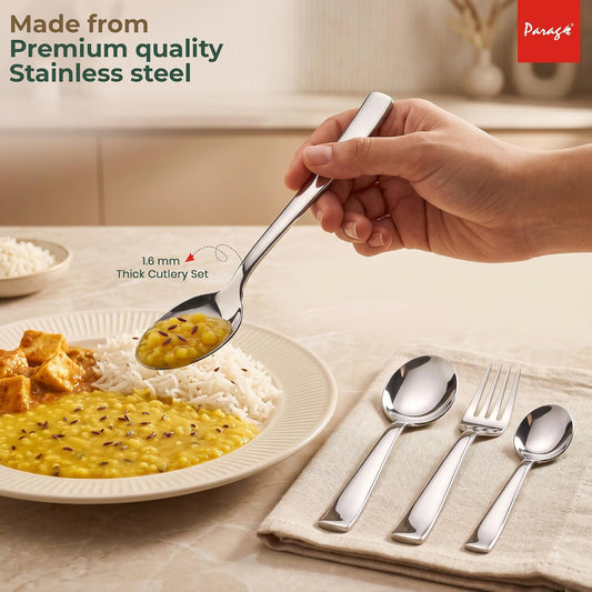 Parage 24 Pieces Premium Stainless Steel Cutlery Set for Home & Kitchen (Contains: 6 Table Spoons, 6 Forks, 6 Tea Spoons, 6 Dinner Spoons), Luxury Dining Tableware Gift for House Warming, Silver