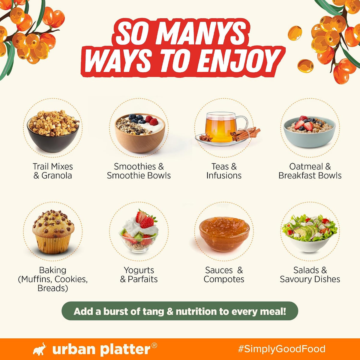 Urban Platter Dried Sea Buckthorn Berries, 100g (High in Vitamin A | High in Fiber | Tart & Tangy Superfruit | Add to Trail Mixes, Smoothies, Teas & Baking)