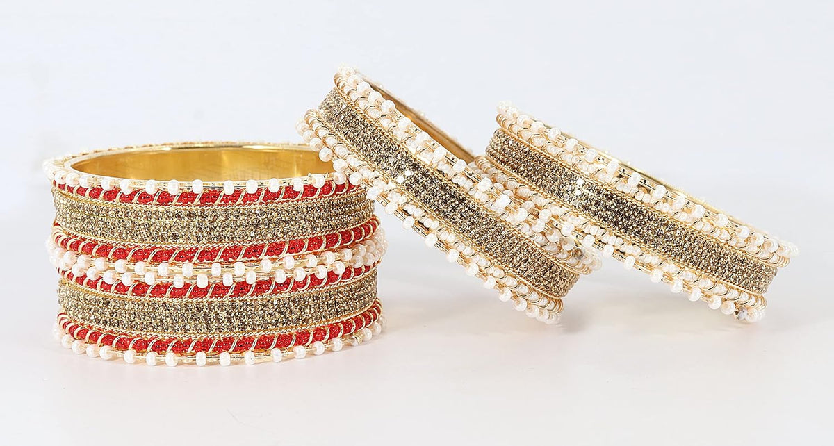 NMII Non-Precious Metal Base Metal Studded with Zircon Gemstone and linked with Pearl Chain Glossy Finished Kada/Bangle set for Women and Girls