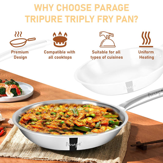 Parage Triply Stainless Steel Fry Pan 24cm | Heavy Bottom Steel Pan for Tempering, Frying | Induction & Gas Friendly | Stay-Cool Handle | Tripure Series | Scratch Resistant | 5 Years Warranty