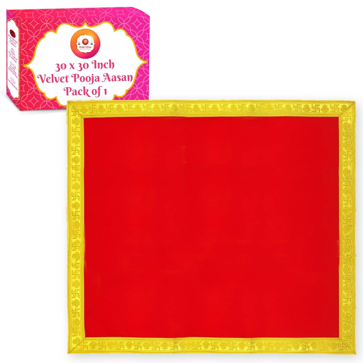 Bhakti Lehar Red Velvet Pooja Cloth | Aasan for God Idol Sitting, Mandir Shelf, Puja Chowki Table and Home Temple Decoration - (30 x 30 Inch)