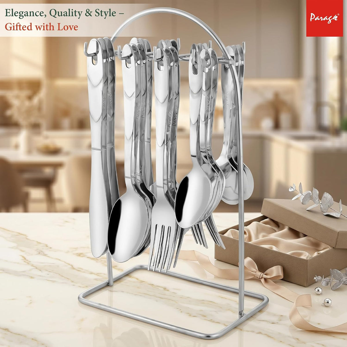 Parage 25 Pieces Glory Stainless Steel Cutlery Set for Home & Kitchen (Contains: 6 Table Spoons, 6 Forks, 6 Tea Spoons, 6 Knives, 1 Stand), Spoon Set, Cutlery Set for Dining Table Stylish, Silver