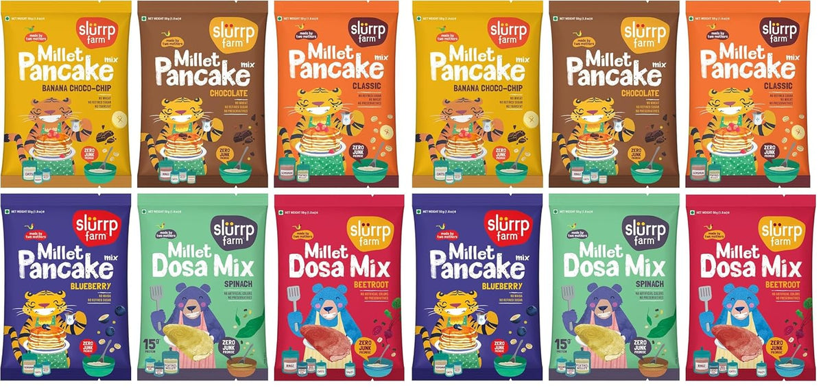 Slurrp Farm Healthy Breakfast and Snacks Trial Pack Combo, Millet Pancake and Dosa Mix, 300g (Pack of 12, 50g each)
