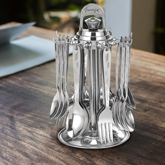 Parage 24 Pieces Lily Cutlery Set Stainless Steel with Stand (Contains 6 Dinner Spoons, 6 Tea Spoon, 6 Dinner Fork, 6 Soup Spoons, 1 Stand) Spoon Set for Dining Table Stylish, Mirror Polished