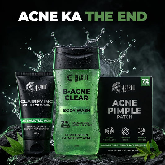 Beardo Acne Ka The End Kit for Men | 2% Salicylic Acid Face Wash, Body Wash & Pimple Patch | Helps Fight Face & Body Acne, Controls Excess Oil | Complete Acne Care Kit