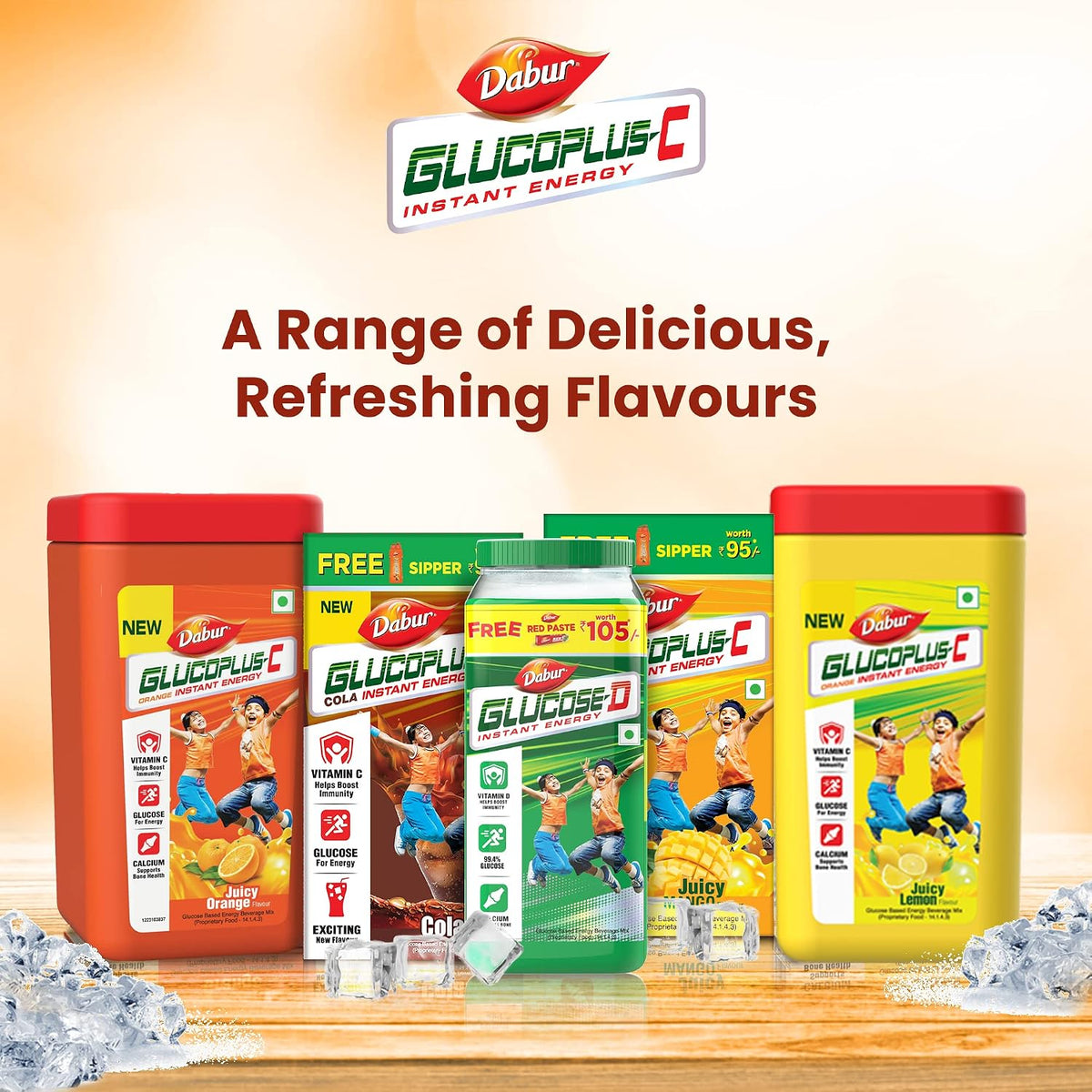 Dabur GlucoPlus-C Instant Energy Glucose Juicy & Tasty Orange Flavour Powder- 400g Jar | Glucose Replenishes Energy | 25% more Glucose| Vitamin C helps Boosts Immunity | Calcium Supports Bone Health