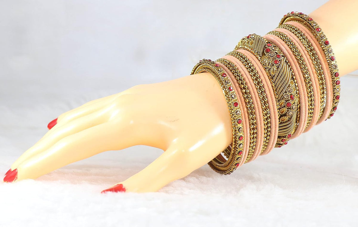 NMII Metal with Zircon Gemstone and Beads Studded Ball Chain Linked Glossy Finished Velvet Bangles Chuda set for Women and Girls